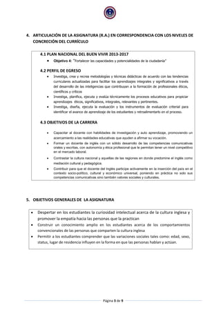 Página 3 de 9 
4. ARTICULACIÓN DE LA ASIGNATURA (R.A.) EN CORRESPONDENCIA CON LOS NIVELES DE CONCRECIÓN DEL CURRÍCULO 
4.1 PLAN NACIONAL DEL BUEN VIVIR 2013-2017 
 Objetivo 4: “Fortalecer las capacidades y potencialidades de la ciudadanía” 
4.2 PERFIL DE EGRESO 
 Investiga, crea y recrea metodologías y técnicas didácticas de acuerdo con las tendencias curriculares actualizadas para facilitar los aprendizajes integrales y significativos a través del desarrollo de las inteligencias que contribuyan a la formación de profesionales éticos, científicos y críticos 
 Investiga, planifica, ejecuta y evalúa técnicamente los procesos educativos para propiciar aprendizajes éticos, significativos, integrales, relevantes y pertinentes. 
 Investiga, diseña, ejecuta la evaluación y los instrumentos de evaluación criterial para identificar el avance de aprendizaje de los estudiantes y retroalimentarlo en el proceso. 
4.3 OBJETIVOS DE LA CARRERA  Capacitar al docente con habilidades de investigación y auto aprendizaje, promoviendo un acercamiento a las realidades educativas que ayuden a afirmar su vocación.  Formar un docente de inglés con un sólido desarrollo de las competencias comunicativas orales y escritas, con autonomía y ética profesional que le permitan tener un nivel competitivo en el mercado laboral.  Contrastar la cultura nacional y aquellas de las regiones en donde predomine el inglés como mediación cultural y pedagógica.  Contribuir para que el docente del Inglés participe activamente en la inserción del país en el contexto socio-político, cultural y económico universal, poniendo en práctica no solo sus competencias comunicativas sino también valores sociales y culturales. 
5. OBJETIVOS GENERALES DE LA ASIGNATURA 
 Despertar en los estudiantes la curiosidad intelectual acerca de la cultura inglesa y promover la empatía hacia las personas que la practican 
 Construir un conocimiento amplio en los estudiantes acerca de los comportamientos convencionales de las personas que comparten la cultura inglesa 
 Permitir a los estudiantes comprender que las variaciones sociales tales como: edad, sexo, status, lugar de residencia influyen en la forma en que las personas hablan y actúan. 
 