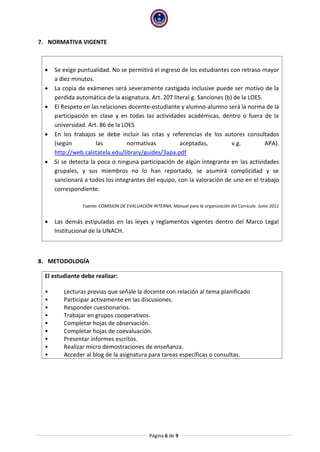 Página 6 de 9 
7. NORMATIVA VIGENTE 
 Se exige puntualidad. No se permitirá el ingreso de los estudiantes con retraso mayor a diez minutos. 
 La copia de exámenes será severamente castigada inclusive puede ser motivo de la perdida automática de la asignatura. Art. 207 literal g. Sanciones (b) de la LOES. 
 El Respeto en las relaciones docente-estudiante y alumno-alumno será la norma de la participación en clase y en todas las actividades académicas, dentro o fuera de la universidad. Art. 86 de la LOES 
 En los trabajos se debe incluir las citas y referencias de los autores consultados (según las normativas aceptadas, v.g. APA). http://web.calstatela.edu/library/guides/3apa.pdf 
 Si se detecta la poca o ninguna participación de algún integrante en las actividades grupales, y sus miembros no lo han reportado, se asumirá complicidad y se sancionará a todos los integrantes del equipo, con la valoración de uno en el trabajo correspondiente. 
Fuente: COMISION DE EVALUACIÓN INTERNA, Manual para la organización del Currículo. Junio 2011 
 Las demás estipuladas en las leyes y reglamentos vigentes dentro del Marco Legal Institucional de la UNACH. 
8. METODOLOGÍA 
El estudiante debe realizar: 
• Lecturas previas que señale la docente con relación al tema planificado 
• Participar activamente en las discusiones. 
• Responder cuestionarios. 
• Trabajar en grupos cooperativos. 
• Completar hojas de observación. 
• Completar hojas de coevaluación. 
• Presentar informes escritos. 
• Realizar micro demostraciones de enseñanza. 
• Acceder al blog de la asignatura para tareas específicas o consultas. 
 