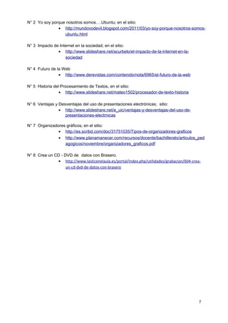 N° 2 Yo soy porque nosotros somos….Ubuntu; en el sitio: 
· http://mundovodevil.blogspot.com/2011/03/yo-soy-porque-nosotros-somos-ubuntu. 
html 
N° 3 Impacto de Internet en la sociedad; en el sitio: 
· http://www.slideshare.net/acurbelo/el-impacto-de-la-internet-en-la-sociedad 
N° 4 Futuro de la Web 
· http://www.derevistas.com/contenido/nota/6965/el-futuro-de-la-web 
N° 5 Historia del Procesamiento de Textos, en el sitio: 
· http://www.slideshare.net/mateo1502/procesador-de-texto-historia 
N° 6 Ventajas y Desventajas del uso de presentaciones electrónicas; sitio: 
· http://www.slideshare.net/e_uic/ventajas-y-desventajas-del-uso-de- presentaciones- 
electrnicas 
N° 7 Organizadores gráficos; en el sitio: 
· http://es.scribd.com/doc/31751035/Tipos-de-organizadores-graficos 
· http://www.planamanecer.com/recursos/docente/bachillerato/articulos_ped 
agogicos/noviembre/organizadores_graficos.pdf 
N° 8 Crea un CD - DVD de datos con Brasero. 
· http://www.lasticenelaula.es/portal/index.php/utilidades/grabacion/604-crea-un- 
cd-dvd-de-datos-con-brasero 
7 
 