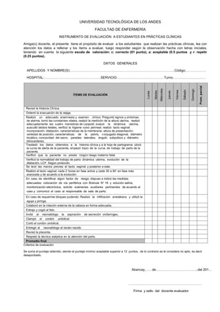 UNIVERSIDAD TECNOLÓGICA DE LOS ANDES
FACULTAD DE ENFERMERÍA
INSTRUMENTO DE EVALUACIÓN A ESTUDIANTES EN PRÁCTICAS CLÍNICAS
Amiga(o) docente, el presente tiene el propósito de evaluar a los estudiantes que realizan las prácticas clínicas, lea con
atención los datos a rellenar y los ítems a evaluar, luego responder según la observación hecha con letras iniciales,
teniendo en cuenta la siguiente escala de valoración: c: correcto (01 punto), a: aceptable (0.5 puntos y r: repetir
(0.25 puntos).
DATOS GENERALES
APELLIDOS Y NOMBRE(S):………………………………………………………………………………….Código;………………

Prom. parcial

Domingo

Sábado

Viernes

jueves

Martes

ÍTEMS DE EVALUACIÓN

Miércoles

Lunes

HOSPITAL:……………………………………………SERVICIO:……………………………………Turno…………………………

Revisó la Historia Clínica.
Ordenó la evacuación de la vejiga.
Realizó un adecuado anamnesis y examen clínico: Preguntó signos y síntomas
de alarma, tomó las constantes vitales, realizó la medición de la altura uterina, realizó
adecuadamente las cuatro maniobras de Leopold, evaluó la dinámica uterina,
auscultó latidos fetales, verificó la higiene vulvo perineal, realizó tacto vaginal:
incorporación- dilatación- características de la membrana- altura de presentaciónvariedad de posición, características de la pelvis, c onjugado diagonal, diámetro
biciático, concavidad del sacro, paredes laterales, ángulo subpúbico y diámetro
bitrocantereo.
Trasladó los datos obtenidos a la historia clínica y a la hoja de partograma: ubicó
la curva de alerta de la paciente, empezó trazo de la curva de trabajo de parto de la
paciente.
Verificó que la paciente no presta ningún riesgo materno fetal.
Verificó la normalidad del trabajo de parto: dinámica uterina, evolución de la
dilatación, LCF. Según protocolo.
Se lavó las manos previas al tacto vaginal y posterior a este.
Realizó el tacto vaginal: cada 2 horas en fase activa y cada 30 a 60’ en fase más
avanzada y de acuerdo a la evolución
En caso de identificar algún factor de riesgo, dispuso e indicó las medidas
adecuadas: colocación de vía periférica con Bránula N° 18 y solución salina,
monitorización electrónica, solicitó exámenes auxiliares pertinentes de acuerdo al
caso y comunicó el caso al responsable de sala de parto.
En caso de requerirse bloqueo pudendo: Realizó la infiltración anestésica y utilizó la
aguja y jeringa.
Colaboró en la rotación externa de la cabeza en forma adecuada.
Extrajo y cogió al feto.
Invitó al neonatólogo la aspiración de secreción orofaríngeo.
Clampó el cordón umbilical.
Cortó el cordón umbilical.
Entregó al neonatólogo el recién nacido
Revisó la placenta.
Respetó la técnica aséptica en la atención del parto.
Promedio final
Criterios de evaluación
Se suma el puntaje obtenido, siendo el puntaje mínimo aceptable superior a 12 puntos, de lo contrario se le considera no apto, es decir
desaprobado.

Abancay,……de………………………………..del 201…

…………………………………………………………
Firma y sello del docente evaluador

 