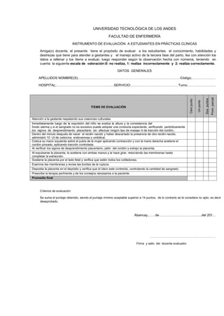 UNIVERSIDAD TECNOLÓGICA DE LOS ANDES
FACULTAD DE ENFERMERÍA
INSTRUMENTO DE EVALUACIÓN A ESTUDIANTES EN PRÁCTICAS CLÍNICAS
Amiga(o) docente, el presente tiene el propósito de evaluar a los estudiantes el conocimiento, habilidades y
destrezas que tiene para atender a gestantes y el manejo activo de la tercera fase del parto, lea con atención los
datos a rellenar y los ítems a evaluar, luego responder según la observación hecha con números, teniendo en
cuenta la siguiente escala de valoración:0: no realiza, 1: realiza incorrectamente y 2: realiza correctamente.
DATOS GENERALES
APELLIDOS NOMBRE(S):………………………………………………………………………………Código;…………………

Dos puntos

Prom. parcial

ÍTEMS DE EVALUACIÓN

Un punto

Cero punto

HOSPITAL:……………………………………………SERVICIO:……………………………………Turno…………………….

Atención a la gestante respetando sus creencias culturales.
Inmediatamente luego de la expulsión del niño se evalúa la altura y la consistencia del
fondo uterina y si el sangrado no es excesivo puede adoptar una conducta expectante, verificando periódicamente
los signos de desprendimiento placentario sin efectuar ningún tipo de masaje ni de tracción del cordón..
Dentro del minuto después de nacer el recién nacido y haber descartado la presencia de otro recién nacido,
administró 10 UI de oxitocina endovenosa o umbilical.
Coloca su mano izquierda sobre el pubis de la mujer aplicando contracción y con la mano derecha sostiene el
cordón pinzado, aplicando tracción controlada.
Al verificar los signos de desprendimiento placentario, jalón del cordón y extrajo la placenta.
Al expulsarse la placenta, la sostiene con ambas manos y la hace girar, retorciendo las membranas hasta
completar la extracción.
Sostiene la placenta por el lado fetal y verifica que estén todos los cotiledones.
Examina las membranas y revisa las bordes de la ruptura.
Deposita la placenta en el depósito y verifica que el útero este contraído, controlando la cantidad de sangrado.
Prescribe la terapia pertinente y de los consejos necesarios a la paciente.
Promedio final

Criterios de evaluación
Se suma el puntaje obtenido, siendo el puntaje mínimo aceptable superior a 14 puntos, de lo contrario se le considera no apto, es decir
desaprobado.

Abancay,……de………………………………..del 201…

…………………………………………………………
Firma y sello del docente evaluador

 