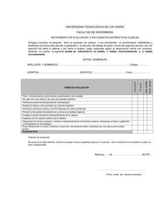 UNIVERSIDAD TECNOLÓGICA DE LOS ANDES
FACULTAD DE ENFERMERÍA
INSTRUMENTO DE EVALUACIÓN A ESTUDIANTES EN PRÁCTICAS CLÍNICAS
Amiga(o) docente, el presente tiene el propósito de evaluar a los estudiantes el conocimiento, habilidades y
destrezas que tiene para atender a gestantes y la atención del trabajo de parto normal del segundo período, lea con
atención los datos a rellenar y los ítems a evaluar, luego responder según la observación hecha con números,
teniendo en cuenta la siguiente escala de valoración:0: no realiza, 1: realiza incorrectamente y 2: realiza
correctamente.
DATOS GENERALES
APELLIDOS Y NOMBRE(S):………………………………………………………………………………Código;……………

Dos puntos

Prom. parcial

ÍTEMS DE EVALUACIÓN

Un punto

Cero punto

HOSPITAL:……………………………………………SERVICIO:……………………………………Turno…………………..

Trato a la parturienta, promoviendo la participación de la pareja.
Se viste con ropa estéril y se calza los guantes estériles.
Verifica la presencia del personal de neonatología.
Realiza la higiene vulvo perineal con solución aséptica.
Controla la dinámica uterina y le FCF después de cada contracción.
Prevee la necesidad de episiotomía y coloca la anestesia regional.
Protege el perine durante el desprendimiento de la cabeza.
Colabora con la rotación externa de la cabeza.
Desprendió el hombro posterior y verifico el desprendimiento del hombro anterior, extrayendo al bebe, cogiéndolo,
y entregándolo al neonatólogo.
Pinza doblemente el cordón umbilical a unos 5cm. del abdomen fetal, cortándolo con una tijera entre ambas
pinzas.
Promedio final
Criterios de evaluación
Se suma el puntaje obtenido, siendo el puntaje mínimo aceptable superior a 14 puntos, de lo contrario se le considera no apto, es
decir desaprobado.

Abancay,……de………………………………..del 201…

…………………………………………………………
Firma y sello del docente evaluador

 