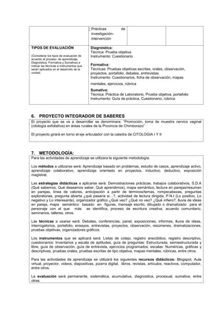  Prácticas de
investigación-
intervención
TIPOS DE EVALUACIÓN
(Considerar los tipos de evaluación de
acuerdo al proceso de aprendizaje:
Diagnóstica, Formativa y Sumativa) e
indicar las técnicas e instrumentos que
serán aplicados en el desarrollo de la
unidad.
Diagnóstica:
Técnica: Prueba objetiva.
Instrumento: Cuestionario
Formativa:
Técnicas: Pruebas objetivas escritas, orales, observación,
proyectos, portafolio, debates, entrevistas.
Instrumento: Cuestionarios, ficha de observación, mapas
mentales, ejercicios, rúbrica
Sumativa:
Técnica: Práctica de Laboratorio, Prueba objetiva, portafolio
Instrumento: Guía de práctica, Cuestionario, rúbrica
6. PROYECTO INTEGRADOR DE SABERES
El proyecto que se va a desarrollar se denominara: “Promoción, toma de muestra cervico vaginal
(citología exfoliativa) en áreas rurales de la Provincia de Chimborazo”
El proyecto girará en torno el eje articulador con la catedra de CITOLOGIA I Y II
7. METODOLOGÍA:
Para las actividades de aprendizaje se utilizara la siguiente metodología:
Los métodos a utilizarse será: Aprendizaje basado en problemas, estudio de casos, aprendizaje activo,
aprendizaje colaborativo, aprendizaje orientado en proyectos, inductivo, deductivo, exposición
magistral,
Las estrategias didácticas a aplicarse será: Demostraciones prácticas, trabajos colaborativos, S.D.A
(Qué sabemos, Qué deseamos saber, Qué aprendimos), mapa semántico, lectura en parejas/resumen
en parejas, línea de valores, anticipación a partir de términos/temas, rompecabezas, preguntas
exploratorias, pregunta abierta ¿qué pasaría si…?, actividad de lectura dirigida, P.N.I (Lo positivo, Lo
negativo y Lo interesante), organizador gráfico ¿Qué veo? ¿Qué no veo? ¿Qué infiero?, lluvia de ideas
en pareja, mapa semántico basado en figuras, mensaje escrito, dibujado o dramatizado para el
personaje con el que más se identifica, proceso de escritura creativa, acuerdo comunitario,
seminarios, talleres, otros.
Las técnicas a usarse será: Debates, conferencias, panel, exposiciones, informes, lluvia de ideas,
interrogatorios, portafolio, ensayos, entrevistas, proyectos, observación, resúmenes, dramatizaciones,
pruebas objetivas, organizadores gráficos.
Los instrumentos que se aplicará será: Listas de cotejo, registro anecdótico, registro descriptivo,
cuestionarios: Inventarios y escala de aptitudes, guía de preguntas: Estructurada, semiestructurada y
libre, guía de observación, guía de entrevista, ejercicios programados, escalas: Numéricas, gráficas y
descriptivas, pruebas orales, pruebas escritas de tipo objetiva, mapas mentales, rúbricas, entre otros.
Para las actividades de aprendizaje se utilizará los siguientes recursos didácticos: Blogspot, Aula
virtual, proyector, videos, diapositivas, pizarra digital, libros, revistas, artículos, reactivos, computador,
entre otros.
La evaluación será permanente, sistemática, acumulativa, diagnostica, procesual, sumativa, entre
otras.
 