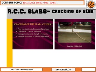 19
LECTURE NO.10
CONTENT TOPIC: BULK ACTIVE STRUCTURES- SLABS
LSAD : AD01 : ARCHITECTURE
R.C.C. SLABS- cracking of slab
 