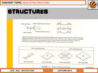 LECTURE NO.9
CONTENT TOPIC: BULK ACTIVE STRUCTURES
LSAD : AD01 : ARCHITECTURE
STRUCTURES
 