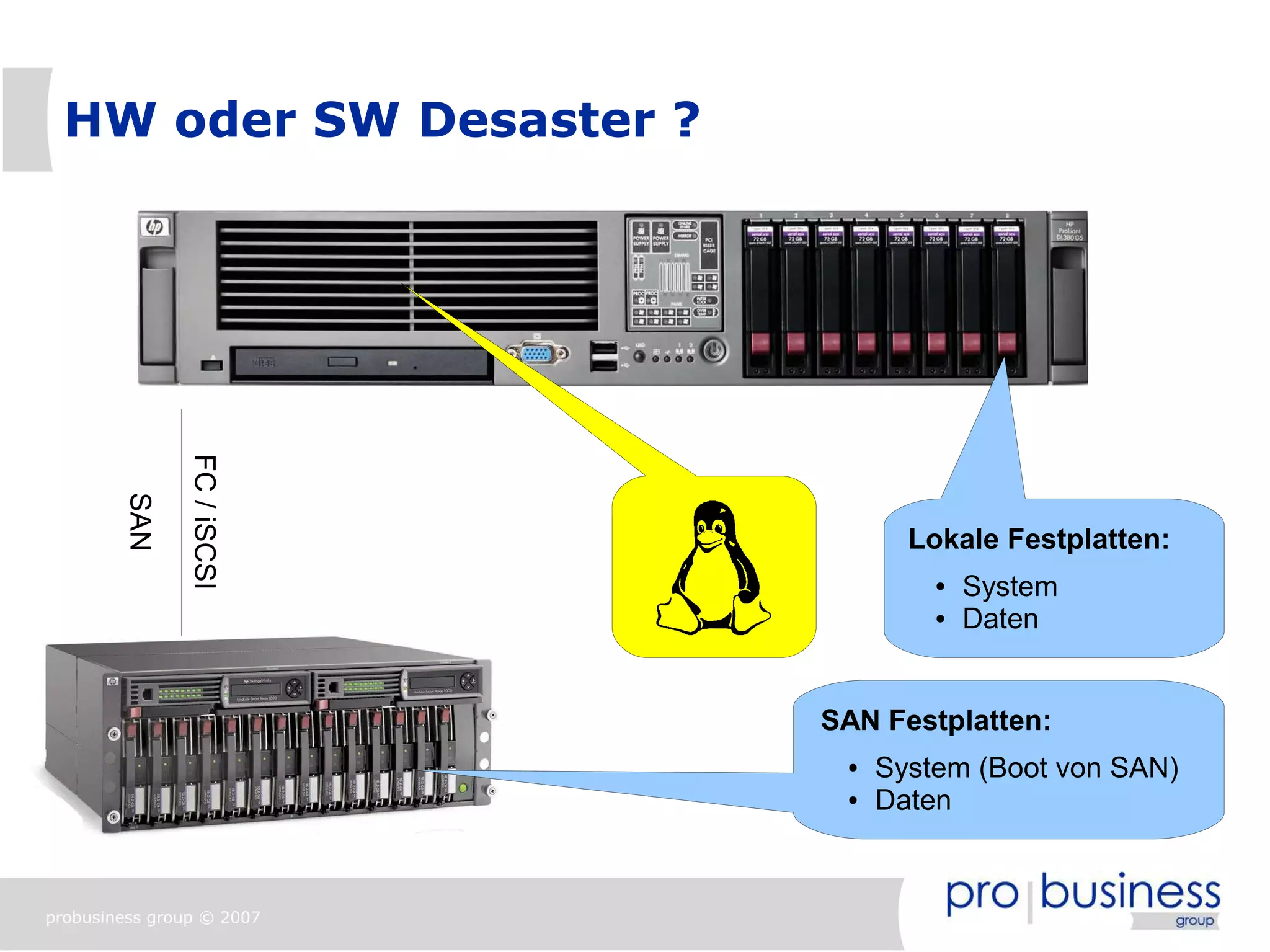 HW oder SW Desaster ?
                FC / iSCSI
        SAN




                                    Lokale Festplatten:
                                      ●   System
                                      ●   Daten


                             SAN Festplatten:
                              ●   System (Boot von SAN)
                              ●   Daten


probusiness group © 2007
 