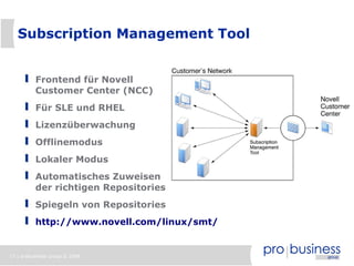 Subscription Management Tool


          Frontend für Novell
          Customer Center (NCC)
          Für SLE und RHEL
          Lizenzüberwachung
          Offlinemodus
          Lokaler Modus
          Automatisches Zuweisen
          der richtigen Repositories
          Spiegeln von Repositories
          http://www.novell.com/linux/smt/


17 | probusiness group © 2008
 