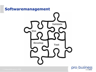 Softwaremanagement



                                          Validate


                               Use




                                Develop
                                           Test




7 | probusiness group © 2008
 
