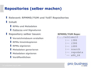 10 | probusiness group © 2008
/.../schlomo10
|-- i386
|-- i586
|-- i686
|-- noarch
|-- repodata
`-- x86_64
RPMMD/YUM Repo:
Repositories (selber machen)
Relevant: RPMMD/YUM und YaST Repositories
Inhalt
RPMs und Metadaten
Patterns und Signaturen
Repository selber bauen:
Verzeichnisbaum erstellen
RPMs hineinkopieren
RPMs signieren
Metadaten generieren
Metadaten signieren
Veröffentlichen
 