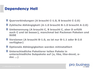 5 | probusiness group © 2008
Dependency Hell
Querverbindungen (A braucht C-1.0, B braucht C-2.0)
Zyklische Abhängigkeit (A-1.0 braucht B-1.0 braucht A-2.0)
Umbenennung (A braucht C, B braucht C, aber D erfüllt
auch C und ist besser), manchmal bei Packman Paketen und
SUSE
Versionen (A braucht B-1.0, es ist nur B-1.1 oder B-2.0
verfügbar)
Optionale Abhängigkeiten werden mitinstalliert
Unterschiedliche Paketierer teilen Pakete in
unterschiedliche Subpakete auf (a, liba, liba-devel, a-
doc ...)
 