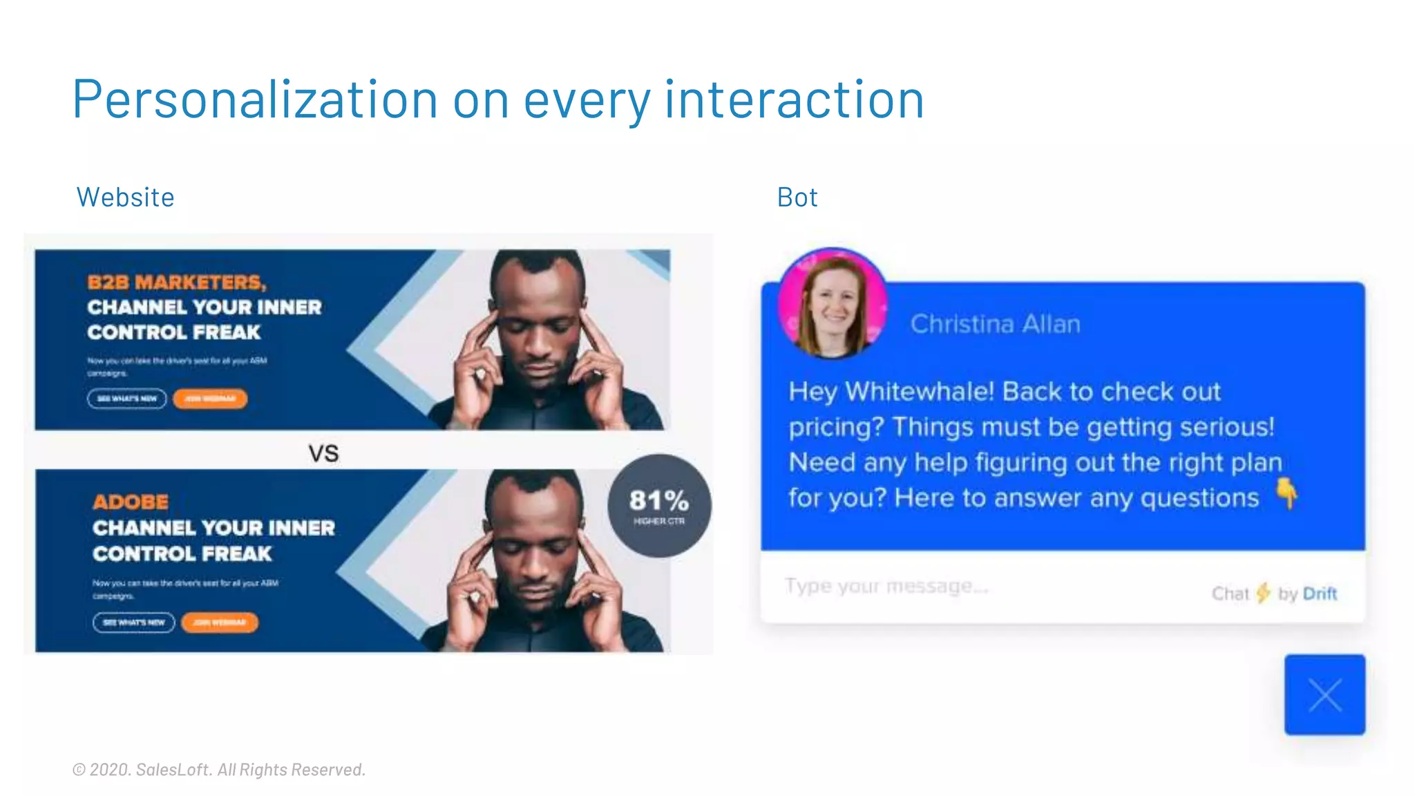 © 2020. SalesLoft. All Rights Reserved.
Personalization on every interaction
Website Bot
 