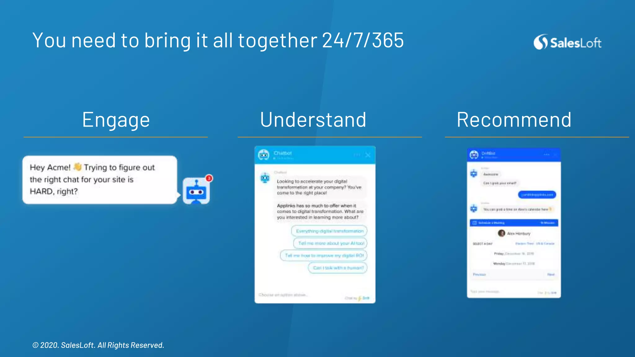 © 2020. SalesLoft. All Rights Reserved.© 2020. SalesLoft. All Rights Reserved.
You need to bring it all together 24/7/365
Engage Understand Recommend
 