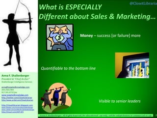 @ClosetLibrarian




                                                                                    Money – success [or failure] more




                                             Quantifiable to the bottom line
Anna F. Shallenberger
President & “Chief Archer”
Shallenberger Intelligence Services

anna@targetedknowledge.com
203.258.2383
917.591.6732 fax
www.targetedknowledge.com
http://twitter.com/ClosetLibrarian
http://www.scribd.com/ClosetLibrarian
                                                                                                       Visible to senior leaders
http://closetlibrarian.blogspot.com
www.linkedin.com/in/annafayshallenberger
www.ci2020.com/profile/AnnaFShallenberger
http://tinyurl.com/AIIP-AFS
                                            Anna F Shallenberger, All Rights Reserved, for educational use only, not for redistribution or commercial re-use   20
 