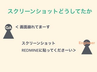 スクリーンショットどうしてたか
QA ＜ 画面崩れてまーす
Engineerスクリーンショット 
REDMINEに貼ってくださーい＞
 