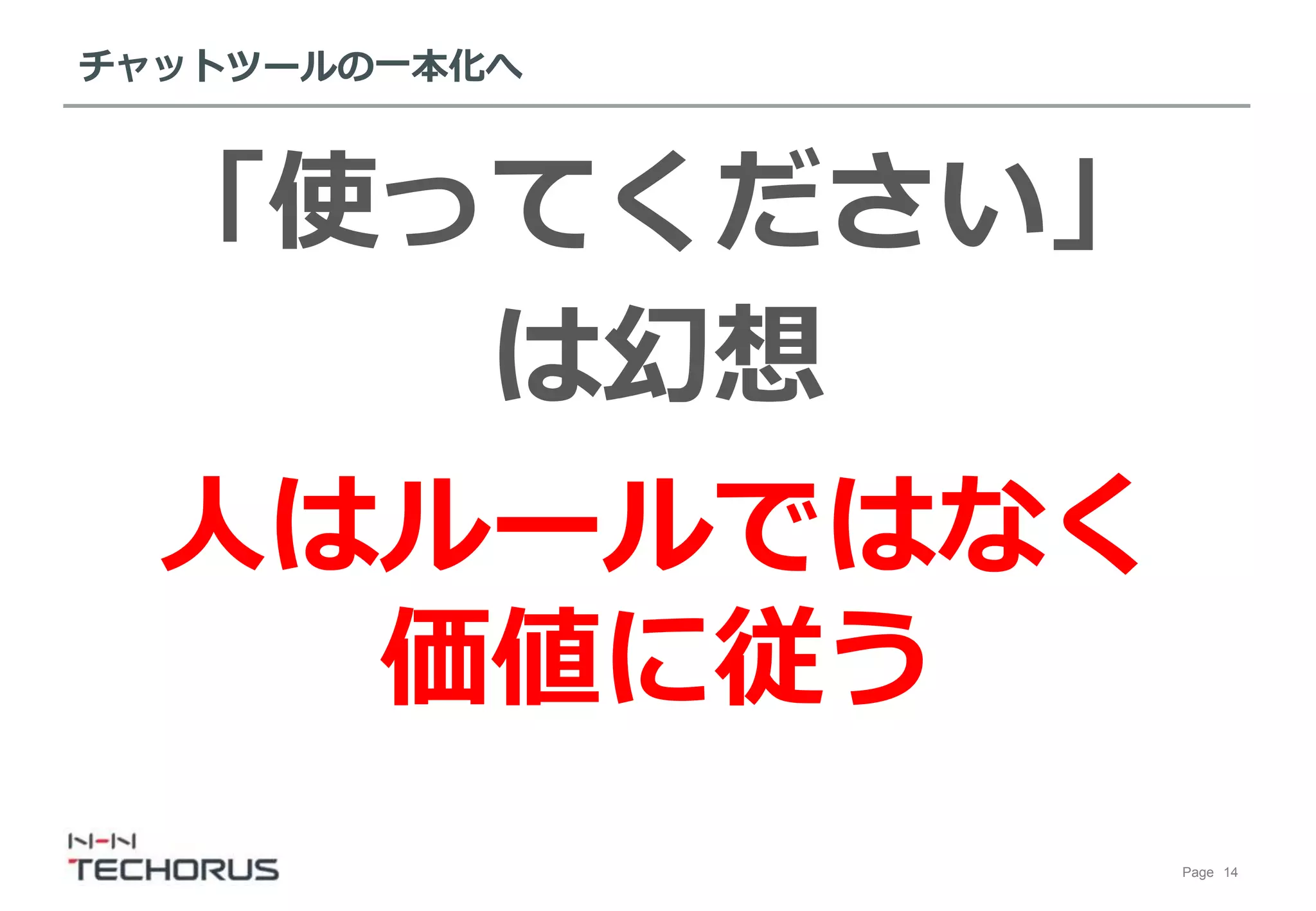 Page 14
チャットツールの一本化へ
人はルールではなく
価値に従う
「使ってください」
は幻想
 