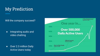 My Prediction
Will the company succeed?
● Integrating audio and
video chatting
● Over 2.3 million Daily
Active Users today
 