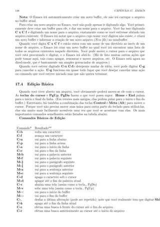 148 CAP´ITULO 17. EMACS
Nota: O Emacs ir´a automaticamente criar um novo buﬀer, ele n˜ao ir´a carregar o arquivo
no buﬀer atual.
Para criar um novo arquivo no Emacs, vocˆe n˜ao pode apenas ir digitando algo. Vocˆe primei-
ramente deve criar um buﬀer para ele, e dar um nome para o arquivo. Vocˆe faz isso digitando
C x C f e digitando um nome para o arquivo, exatamente como se vocˆe estivesse abrindo um
arquivo existente. O Emacs ir´a notar que o arquivo cujo nome vocˆe digitou n˜ao existe, e criar´a
um novo buﬀer e informar a cria¸c˜ao de um novo arquivo (New ﬁle) no minibuﬀer.
Quando vocˆe digita C x C f e ent˜ao entra com um nome de um diret´orio ao inv´es de um
nome de arquivo, o Emacs ir´a criar um novo buﬀer no qual vocˆe ir´a encontrar uma lista de
todos os arquivos existentes naquele diret´orio. Vocˆe pode mover o cursor para o arquivo que
vocˆe est´a procurando e digitar, e o Emacs ir´a abr´ı-lo. (H´a de fato muitas outras a¸c˜oes que
pode tomar aqui, tais como apagar, renomear e mover arquivos, etc. O Emacs est´a agora no
dired-mode, que ´e basicamente um simples gerenciador de arquivos.)
Quando vocˆe estiver digitado C-x C-fe derepente mudar de id´eia, vocˆe pode digitar C-g
para cancelar a a¸c˜ao. C-g funciona em quase todo lugar que vocˆe desejar cancelar uma a¸c˜ao
ou comando que vocˆe estiver iniciado mas que n˜ao queira terminar.
17.4 Edi¸c˜ao B´asica
Quando vocˆe tiver aberto um arquivo, vocˆe obviamente poder´a mover-se ele com o cursor.
As teclas do cursor e PgUp, PgDn fazem o que vocˆe possa supor. Home e End pulam
para o in´ıcio e ﬁnal da linha. (Em vers˜oes mais antigas, elas podem pular para o in´ıcio e ﬁm do
buﬀer.) Entretanto, h´a tamb´em a combina¸c˜ao das teclas Control e Meta (Alt) para mover o
cursor. Porque vocˆe n˜ao precisa mover suas m˜aos para outra parte do teclado para utiliz´a-las,
elas s˜ao muito mais facilmente acess´ıveis uma vez que vocˆe se acostume com elas. Os mais
importantes comandos semelhantes est˜ao listados na tabela abaixo.
Comandos B´asicos de Edi¸c˜ao
Comando* Resultado**
C-b volta um caractere
C-f avan¸ca um caractere
C-n vai para a linha abaixo
C-p vai para a linha acima
C-a vai para o in´ıcio da linha
C-e vai para o ﬁm da linha
M-b vai para a palavra anterior
M-f vai para a palavra seguinte
M-} vai para o par´agrafo seguinte
M-{ vai para o par´agrafo anterior
M-a vai para a senten¸ca anterior
M-e vai para a senten¸ca seguinte
C-d apaga o caractere sob o cursor
M-d apagar at´e o ﬁm da palavra atual
C-v abaixa uma tela (assim como a tecla., PgDn)
M-v sobe uma tela (assim como a tecla., PgUp)
M-< vai para o in´ıcio do buﬀer
M-> vai para o ﬁm do buﬀer
C- desfaz a ´ultima altera¸c˜ao (pode ser repetido); note que vocˆe realmente tem que digitar Shif
C-k apaga at´e o ﬁm da linha atual
C-s efetua uma busca `a frente do cursor at´e o ﬁm do arquivo
C-r efetua uma busca anteriormente ao cursor at´e o in´ıcio do arquivo
 