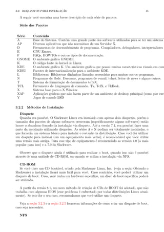3.2. REQUISITOS PARA INSTALA¸C ˜AO 15
A seguir vocˆe encontra uma breve descri¸c˜ao de cada s´erie de pacotes.
S´erie dos Pacotes
S´erie Conte´udo
A Base do Sistema. Contˆem uma grande parte dos softwares utilizados para se ter um sistema
AP Diversos aplicativos que n˜ao necessitam de um Servidor X.
D Ferramentas de desenvolvimento de programas. Compiladores, debugadores, interpretadores
E GNU Emacs.
F FAQs, HOWTOs e outros tipos de documenta¸c˜ao.
GNOME O ambiente gr´aﬁco GNOME.
K O c´odigo fonte do kernel do Linux.
KDE O ambiente gr´aﬁco K. Um ambiente gr´aﬁco que possui muitas caracter´ısticas visuais em com
KDEI Pacotes de internacionaliza¸c˜ao para o ambiente KDE.
L Bibliotecas. Bibliotecas dinˆamicas lincadas necess´arias para muitos outros programas.
N Programas de Rede. Daemons, programas de e-mail, telnet, leitor de news e alguns outros.
T Sistema de formata¸c˜ao de documentos teTeX.
TCL Ferramenta de Linguagem de comando. Tk, TclX, e TkDesk.
X Sistema base para o X Window.
XAP Aplica¸c˜oes gr´aﬁcas que n˜ao fazem parte de um ambiente de desktop principal (como por exem
Y Jogos de console BSD
3.2.2 M´etodos de Instala¸c˜ao
Disquete
Quando era poss´ıvel, O Slackware Linux era instalado com apenas dois disquetes, por´em o
tamanho dos pacotes de alguns softwares cresceram (especiﬁcamente alguns softwares) ent˜ao
houve o abandono for¸cado da instala¸c˜ao via disquete. At´e a vers˜ao 7.1, era poss´ıvel fazer uma
parte da instala¸c˜ao utilizando disquetes. As s´eries A e N podiam ser totalmente instaladas, o
que fornecia um sistema b´asico para instalar o restante da distribui¸c˜ao. Caso vocˆe for utilizar
um disquete para instalar (em um equipamento mais velho), ´e recomend´avel que vocˆe utilize
uma vers˜ao mais antiga. Para esse tipo de equipamento ´e recomendado as vers˜oes 4.0 (a mais
popular para isso) e a 7.0 do Slackware.
Observe que o disquete ainda ´e utilizado para realizar o boot, quando isso n˜ao ´e poss´ıvel
atrav´es de uma unidade de CD-ROM, ou quando se utiliza a instala¸c˜ao via NFS.
CD-ROM
Se vocˆe tiver um CD boot´avel, criado pela Slackware Linux, Inc. (veja a se¸c˜ao Obtendo o
Slackware) a instala¸c˜ao ﬁcar´a mais f´acil para vocˆe. Caso contr´ario, vocˆe poder´a utilizar um
disquete de boot. Caso, vocˆe tenha um hardware espec´ıﬁco, um disco de boot espec´ıﬁco poder´a
ser utilizado.
A partir da vers˜ao 8.1, um novo m´etodo de cria¸c˜ao de CDs de BOOT foi adotado, que n˜ao
trabalha com algumas BIOS (esse problema ´e enfrentado por todas distribui¸c˜oes Linux atual-
mente). Se este for o seu caso, recomendamos que vocˆe utilize um disquete.
Veja a se¸c˜ao 3.2.3 e a se¸c˜ao 3.2.5 fornecem informa¸c˜oes de como criar um disquete de boot,
caso seja necess´ario.
NFS
 