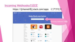 Incoming Webhooksの設定
https://[channel名].slack.com/apps にアクセス
Incoming webhooksで検索
 