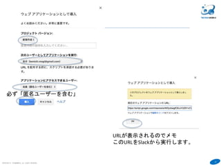 27
COPYRIGHT(C) TECHNOMOBILE ALL RIGHTS RESERVED.
６
必ず「匿名ユーザーを含む」
URLが表示されるのでメモ
このURLをSlackから実行します。
 