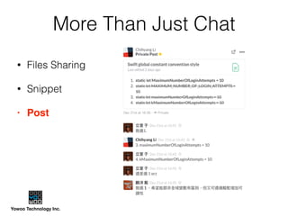 Yowoo Technology Inc.
More Than Just Chat
• Files Sharing
• Snippet
• Post
 