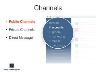 Yowoo Technology Inc.
Channels
• Public Channels
• Private Channels
• Direct Message
 