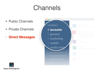 Yowoo Technology Inc.
Channels
• Public Channels
• Private Channels
• Direct Messages
 