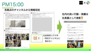 ©2020 KAKUICHI CO.,LTD.
PM15:00
11
各拠点のチャンネルから情報収拾
社内の良い行動・実績は
社長賞として表彰🏆
社長専用リアク字
→特定チャンネルに
集まる！
提案⼒
2020年11月4日
A-SITE志津
開催予定だった10/10（土）、台風でマルシェは流れたが、農家さん４組に
A-SITEに来てもらって急遽勉強会を開催した。
A-SITE志津が取組んだことは、
◆雨を悔やむのではなく、「雨だから」農家さんが集まることができる、
「雨だから」急な誘いでも容赦いただける、とチャンスに反転させ、成果
を上げた。
◆アクア会員が一堂に会しての勉強会をA−SITEで実現した。農家さん同士が
リアルコミュニケーションを取れる場を作った。
◆朝アイディアを思いついて、その日に実行した。Slackにより勉強会開催
をスピーディーにお知らせすることができた。A-SITE志津のアクア農家さ
んSlack登録数は11人とカクイチ最多。Slackの浸透に努めてきたことが役
立った。
悪天候を逆手に取る発想力、思いついたら即行する行動力、Slackや圃場訪問
を通じた顧客関係構築力が実を結んだ。アクア会員をA-SITEに呼ぶことがます
ます重要になる中、今後につながるA-SITE活用の好事例である。
 