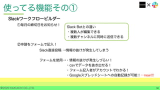 ©2020 KAKUICHI CO.,LTD.
使ってる機能その①
14
Slackワークフロービルダー
①毎月の締切日をお知らせ！
Slack Botとの違い
・複数人が編集できる
・複数チャンネルに同時に送信できる
②申請をフォームで記入！
Slack直接投稿 →情報の抜けが発生してしまう
フォームを使用→・情報の抜けが発生しづらい！
・csvでデータを抜き出せる！
・フォーム記入者がアカウントでわかる！
・Googleスプレッドシートへの自動記録が可能！⇦new!!!
 