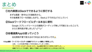 ©2020 KAKUICHI CO.,LTD.
まとめ
16
②Slackワークフロービルダーは本当に便利
Google スプレッドシートとの連携がコーディング無しで可能になったことで、
さらに便利度が増しました＼(^^)／
③各種連携Appは使っていこう
自社開発不要で使えるので本当にありがたいです🙏
※App連携・ワークフロービルダーは組織アカウント or 複数人で管理しよう。
以前、一人の社員が間違ってWSを退出してしまった際に、
ワークフロービルダーが止まったり、App連携が解けたり非常に大変でした。。。
組織アカウントでの運用、複数人で理解しながら運用することが本当に大切です。
①社内業務はSlackでできるように移行する
まずは通達・発令などの連絡系から。
その後業務フローを見直しながら、Slack上でできるようにしていく
 