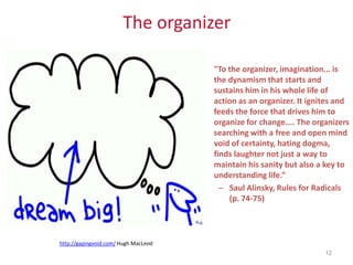 The organizer

                                      •   "To the organizer, imagination... is
                                          the dynamism that starts and
                                          sustains him in his whole life of
                                          action as an organizer. It ignites and
                                          feeds the force that drives him to
                                          organize for change.... The organizers
                                          searching with a free and open mind
                                          void of certainty, hating dogma,
                                          finds laughter not just a way to
                                          maintain his sanity but also a key to
                                          understanding life.”
                                            – Saul Alinsky, Rules for Radicals
                                              (p. 74-75)



http://gapingvoid.com/ Hugh MacLeod
                                                                         12
 