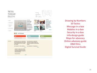 Drawing by Numbers
      10 Tactics
  Message in-a-box
  Mobiles in-a-box
  Security in-a-box
  Info-design guide
 Maps for advocacy
Online advocacy guide
      ONO films
Digital Survival Guide




                         35
 