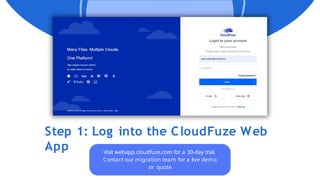 Step 1: Log into the CloudFuze Web
App Visit webapp.cloudfuze.com for a 30-day trial.
Contact our migration team for a live demo
or quote
 
