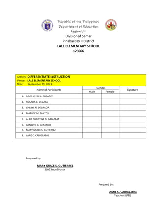 Republic of the Philippines
Department of Education
Region VIII
Division of Samar
Pinabacdao II District
LALE ELEMENTARY SCHOOL
123666
Activity: DIFFERENTIATE INSTRUCTION
Venue: LALE ELEMENTARY SCHOOL
Date: September 29, 2023
Name of Participants
Gender
Signature
Male Female
1. ROCA JOYCE L. CORAŇEZ
2. ROSALIA C. DEGASA
3. CHERYL N. DEGRACIA
4. MARIVIC M. SANTOS
5. ALBIE CHRISTINE D. GABATBAT
6. GENELYN G. GERARDO
7. MARY GRACE S. GUTIERREZ
8. AMIE C. CABIGCABIG
Prepared by:
MARY GRACE S. GUTIERREZ
SLAC Coordinator
Prepared by:
AMIE C. CABIGCABIG
Teacher III/TIC
 