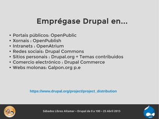 Sábados Libres Altamar – Drupal de 0 a 100 – 25 Abril 2015
Emprégase Drupal en...
●
Portais públicos: OpenPublic
●
Xornais...