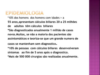 *10% dos homens dos homens com idades > a
55 anos,apresentam cálculos biliares 20 a 25 milhões
de adultos têm cálculos biliares
*São diagnosticados anualmente 1 milhão de casos
novos.Muitos, se não a maioria dos pacientes são
assintomáticos e teoriza-se que um grande numero de
casos se mantenham sem diagnostico.
*10% de pessoas com cálculos biliares desenvolveram
sintomas ao fim de 5 anos após o diagnostico.
*Mais de 500 000 cirurgias são realizadas anualmente.
 