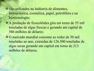 São utilizados na indústria de alimentos,
 farmacêutica, cosmética, papel, petrolífera e na
 biotecnologia;
A produção de ficocolóides gira em torno de 55 mil
 toneladas de algas frescas e gerando um capital de
 586 milhões de dólares;
O mercado mundial consome ao redor de 30 mil
 toneladas ao ano, extraídas de 126.500 toneladas de
 algas secas gerando um capital em torno de 213
 milhões de dólares;
 