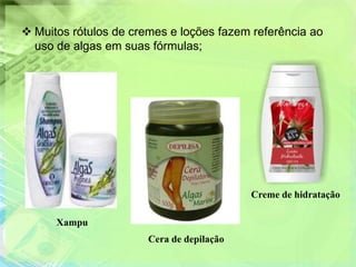  Muitos rótulos de cremes e loções fazem referência ao
  uso de algas em suas fórmulas;




                                           Creme de hidratação

      Xampu
                       Cera de depilação
 