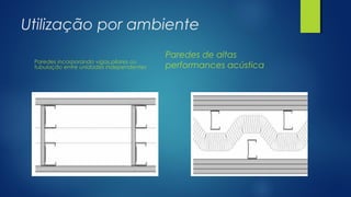 Utilização por ambiente
Paredes incorporando vigas,pilares ou
tubulação entre unidades independentes
Paredes de altas
performances acústica
 