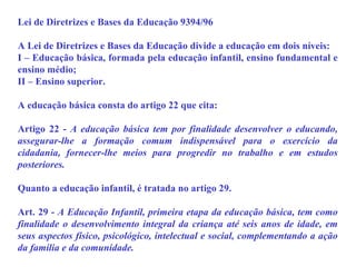 Lei de Diretrizes e Bases da Educação 9394/96 A Lei de Diretrizes e Bases da Educação divide a educação em dois níveis:  I – Educação básica, formada pela educação infantil, ensino fundamental e ensino médio; II – Ensino superior. A educação básica consta do artigo 22 que cita: Artigo 22 -  A educação básica tem por finalidade desenvolver o educando, assegurar-lhe a formação comum indispensável para o exercício da cidadania, fornecer-lhe meios para progredir no trabalho e em estudos posteriores. Quanto a educação infantil, é tratada no artigo 29. Art. 29 -  A Educação Infantil, primeira etapa da educação básica, tem como finalidade o desenvolvimento integral da criança até seis anos de idade, em seus aspectos físico, psicológico, intelectual e social, complementando a ação da família e da comunidade. 