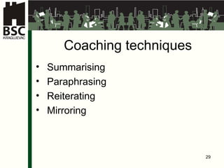 Coaching techniques Summarising Paraphrasing  Reiterating Mirroring 