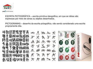 ESCRITA PICTOGRÁFICA – escrita primitiva ideográfica, em que as idéias são expressas por meio de cenas ou objetos desenhados. PICTOGRAMAS – desenho da escrita pictográfica, não sendo considerado uma escrita propriamente dita.  