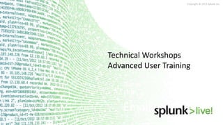 Copyright © 2013 Splunk Inc.
Name:
Title:
Email:
Technical Workshops
Advanced User Training
 