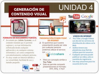 GENERACIÓN DE                                       UNIDAD 4
         CONTENIDO VISUAL




                                                                               VIDEOS EN INTERNET
FORMATO DE DOCUMENTO PORTÁTIL            PRESENTACIÓN POWER POINT            You Tube y Google Videos
 Inventado por Adobe Systems, es el             EN INTERNET                  son dos de los servicios de
  estándar mundial que le permite         Si queremos que nuestra            distribución de videos en la
  capturar y revisar información           presentación pueda ser vista       Web.
  sofisticada desde cualquier              por cualquier persona             Ambos tienen una
  aplicación y en cualquier sistema        podemos utilizar el servicio       plataforma muy fácil de
  informático, así como compartirla        que nos ofrece:                    utilizar para los usuarios.
  con prácticamente cualquier persona.                                       Cualquier persona puede
 Es muy usado en Internet debido a                                           publicar un vídeo, solo es
  su versatilidad, facilidad de uso y       Web con concepto similar a       cuestión de registrarse.
                                             You Tube                        Son muy atractivos para los
  tamaño pequeño.
                                            Solo se permite compartir        usuarios de la red.
                                             presentaciones en formato:
                                                    PPT, PPS, Y POT
 