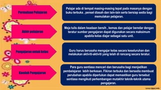 Permulaan Pelajaran
Pelajar ada di tempat masing-masing tepat pada masanya dengan
buku terbuka , pensel diasah dan lain-lain serta bersiap sedia bagi
memulakan pelajaran.
Meja tulis dalam keadaan bersih , kemas dan pelajar beredar dengan
teratur sumber pengajaran dapat digunakan secara maksimum
apabila kelas diajar sebagai satu unit.
Akhir pelajaran
Pengajaran untuk kelas Guru harus berusaha mengajar kelas secara keseluruhan dan
melakukan aktiviti-aktiviti yang telah di rancang secara teratur.
Kaedah Pengajaran
Para guru sentiasa mencari dan berusaha bagi menjadikan
pembelajaran lebih berkesan. Fikiran terbuka dan bersedia membuat
perubahan apabila diperlukan dapat memastikan guru tersebut
sentiasa mengikuti perkembangan mutakhir teknik-teknik utama
pengajaran.
 