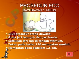 PROSEDUR ECC
        BAYI BAWAH 1 TAHUN




Ikut prosedur orang dewasa.
Guna jari telunjuk dan jari hantu.
Letakkan jari-jari di tengah sternum.
Tekan pada kadar 120 mampatan seminit.
Mampatan dada sedalam 1.5 cm.
 