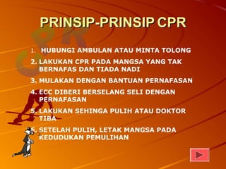 PRINSIP-PRINSIP CPR
1. HUBUNGI AMBULAN ATAU MINTA TOLONG

2. LAKUKAN CPR PADA MANGSA YANG TAK
   BERNAFAS DAN TIADA NADI
3. MULAKAN DENGAN BANTUAN PERNAFASAN
4. ECC DIBERI BERSELANG SELI DENGAN
   PERNAFASAN
5. LAKUKAN SEHINGA PULIH ATAU DOKTOR
   TIBA
6. SETELAH PULIH, LETAK MANGSA PADA
   KEDUDUKAN PEMULIHAN
 