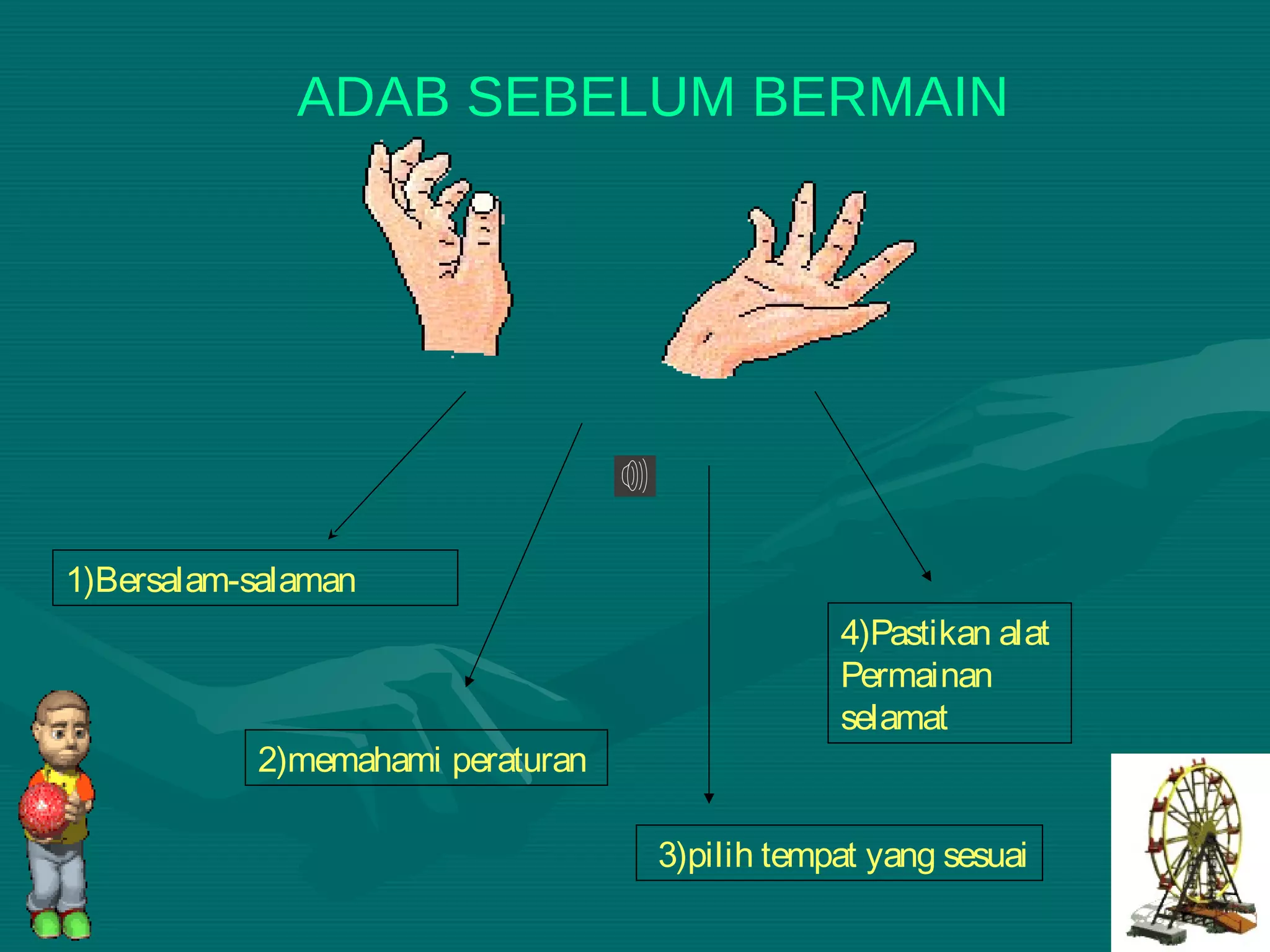 ADAB SEBELUM BERMAIN
1)Bersalam-salaman
4)Pastikan alat
Permainan
selamat
2)memahami peraturan
3)pilih tempat yang sesuai