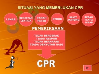 SITUASI YANG MEMERLUKAN CPR

        RENJATAN   PANAH             SAKIT    REBAH
LEMAS                      STROK    JANTUNG   TANPA
         LEKTRIK   PETIR
                                              SEBAB


               PEMERIKSAAN
                 TIDAK BERGERAK
                  TIADA RESPON
                 TIDAK BERNAFAS
              TIADA DENYUTAN NADI
 