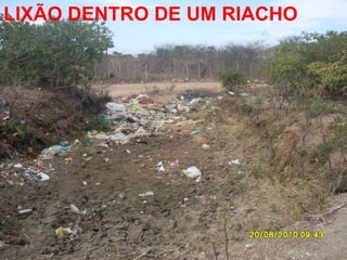 LIXÃO DENTRO DE UM RIACHO
          RESUMO
    Avaliar os riscos e
   melhorias que o lixo
  descartado nas casas e
 ruas de Sítio Alegre pode
       trazer a essa
       comunidade.
 